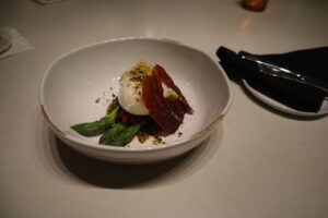 Burrata asparagus and country ham Appetizer at Church and Union wine bar