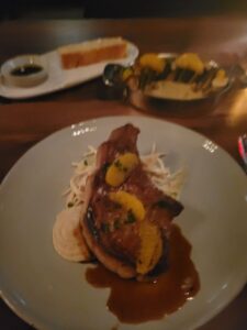 Top quality dinner, The Kurobuta Pork Chop, Calamansi, burnt orange, and brussel sprouts at Church and Union’s Grand Opening night.