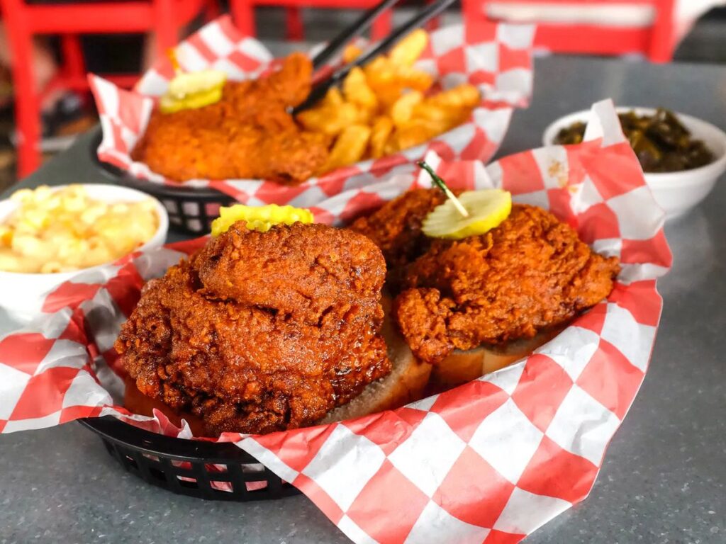 Hattie B hot chicken basket with pickles