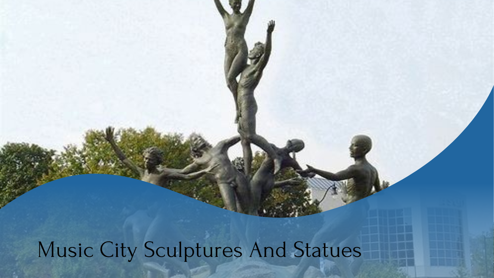A bronze sculpture depicting six figures in dynamic poses, arranged in an upward spiral. Text at the bottom reads "Music City Sculptures And Statues".