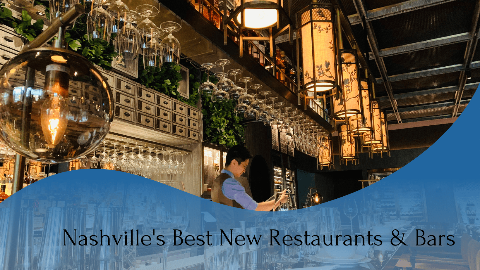 A photo of a bartender in a bar counter nad a written texts of "Nashville's Best New Restaurants and Bars"