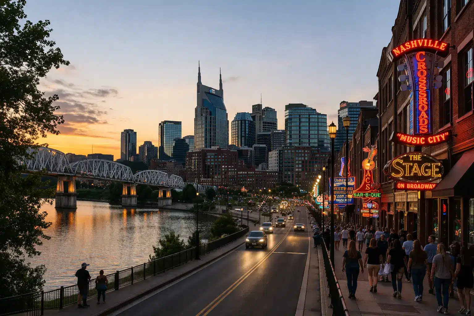 Nashville downtown skyline at sunset with Broadway street, neon signs, and Cumberland River view