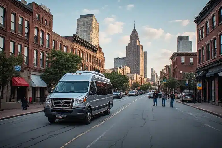 Nashville Experience Tours van travels down a historic downtown street, showcasing a sightseeing tour experience