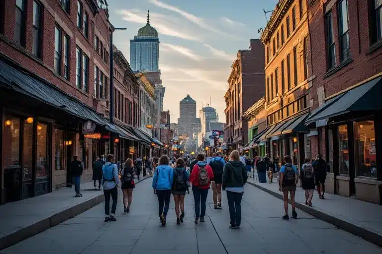 A group of tourists walking down a historic Nashville street, showcasing the city's vibrant atmosphere