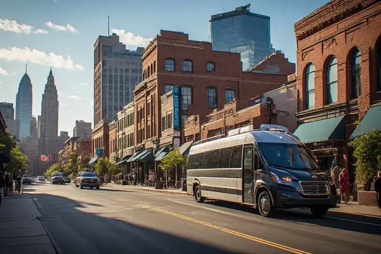 Nashville Experience Tours van driving down a historic downtown street, showcasing a sightseeing tour of