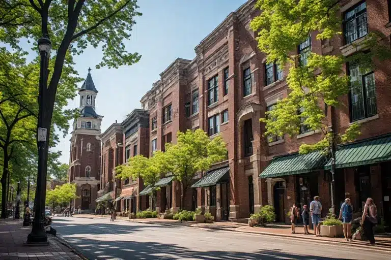 Historic downtown Nashville street scene showcasing brick buildings and lush greenery, a popular photography spot