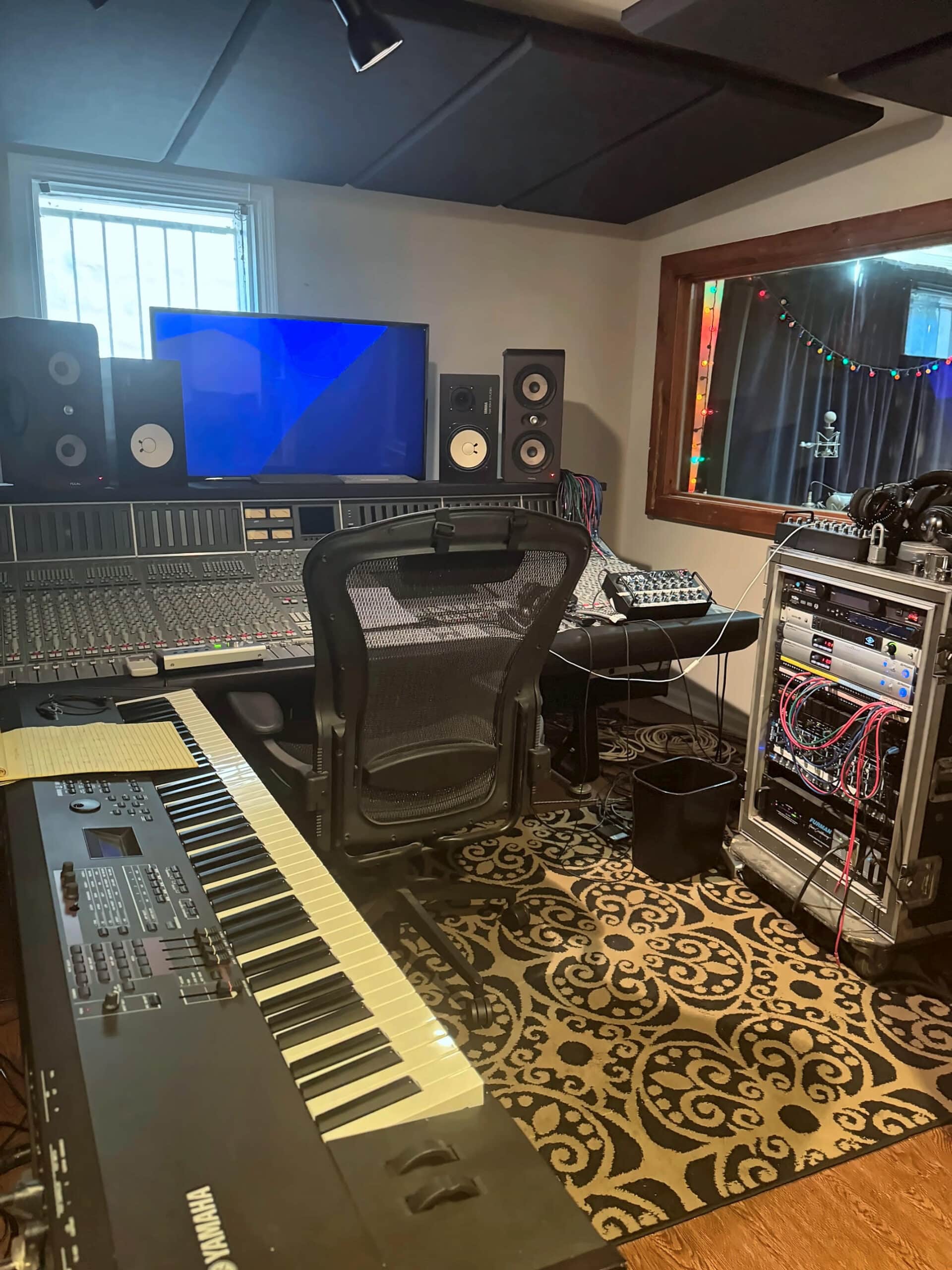 Inside recording studio with sound board
